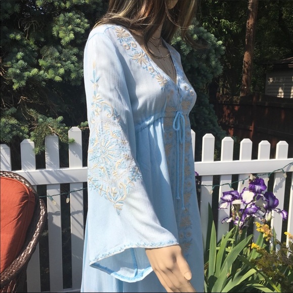 BOHO LIGHT BLUE PALE YELLOW FLOWERS HI-LO MIDI DRESS - Picture 5 of 10